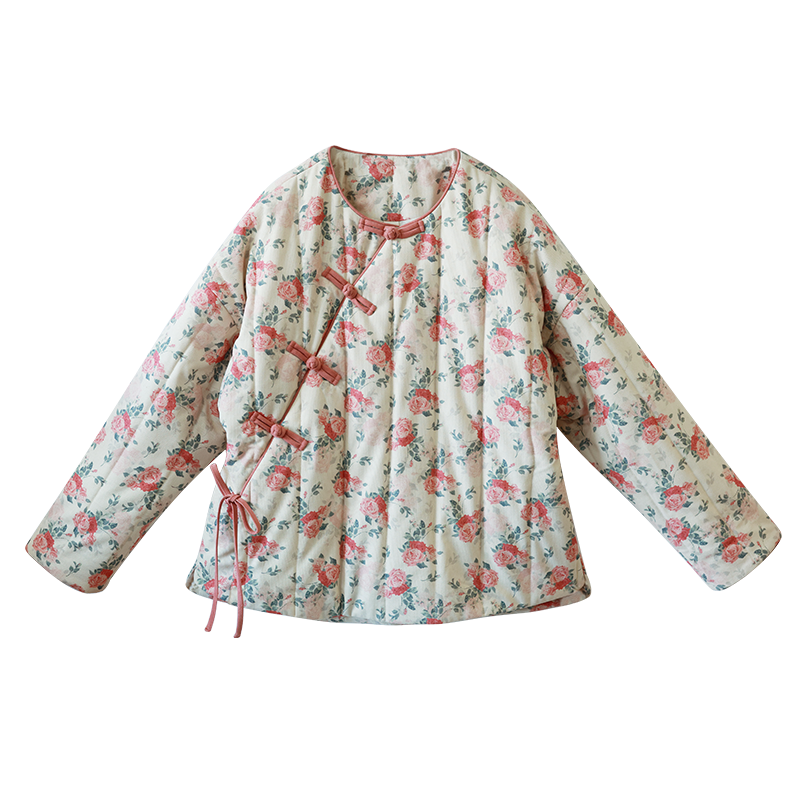 新中式偏襟印花棉衣短款