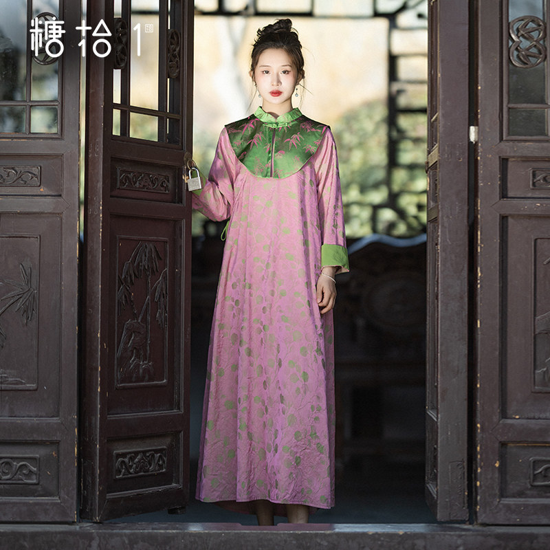 【婷婷袅袅】新中式改良旗袍连衣裙女夏季仿缎面提花精致复古裙子