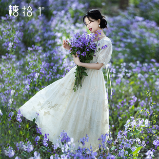 插肩袖 复古绣花连衣裙女2025初夏新款 收腰气质A字裙 风捻华信