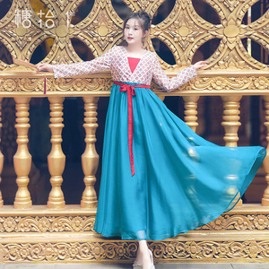 【霓裳羽衣】复古改良印花连衣裙女2025春季新款v领收腰拼接长裙