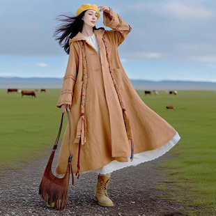 风衣女2025年旅游必备手工民族风显瘦外套 连帽纯色中长款 卓玛