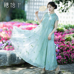 【碧瑶】新中式连衣裙女2025夏季新款欧根纱刺绣气质改良旗袍长裙