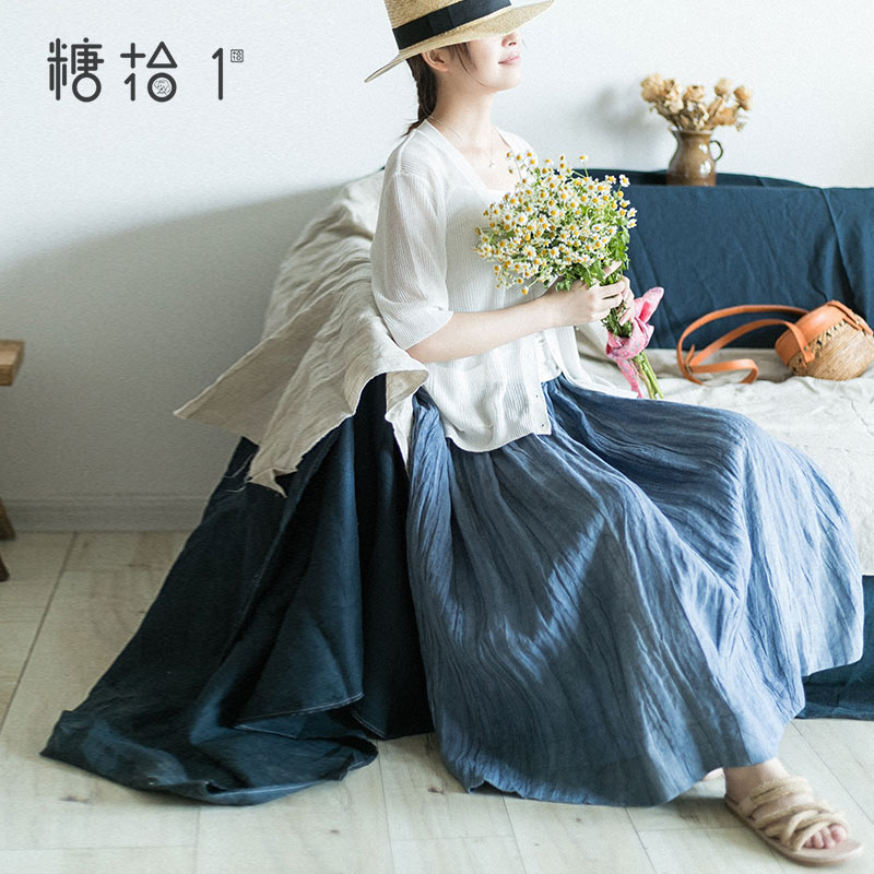 【现货】亚麻褶皱半身裙中长款女高腰新款宽松a字裙百褶裙女夏