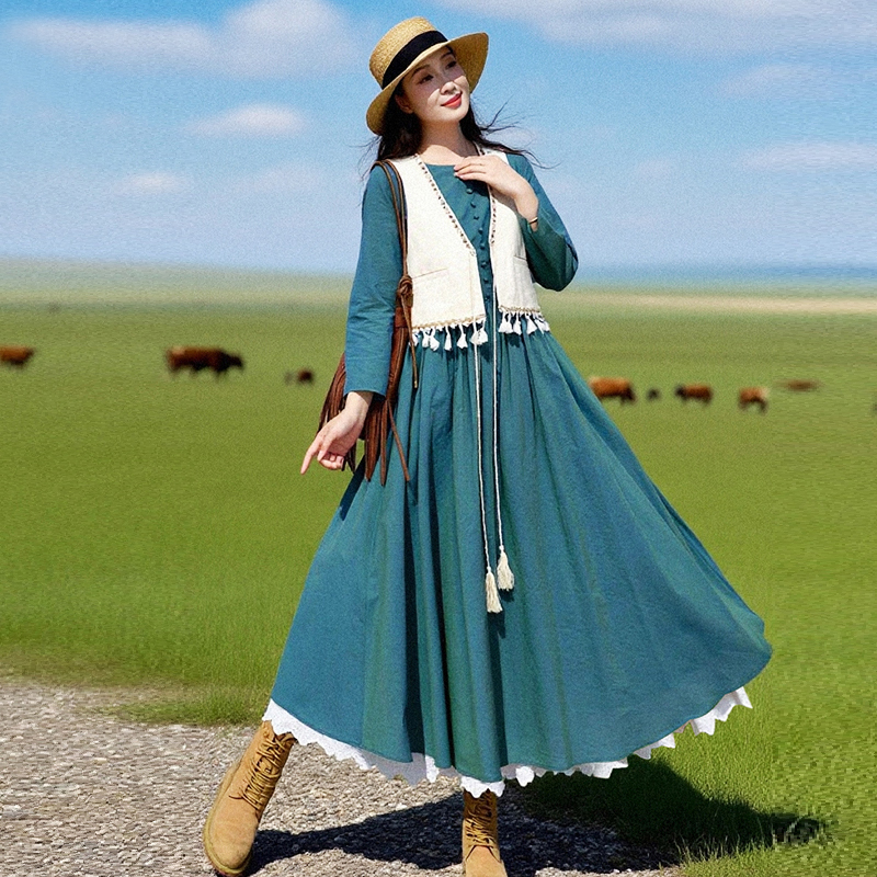 多色收腰连衣裙女秋季纯色大摆裙