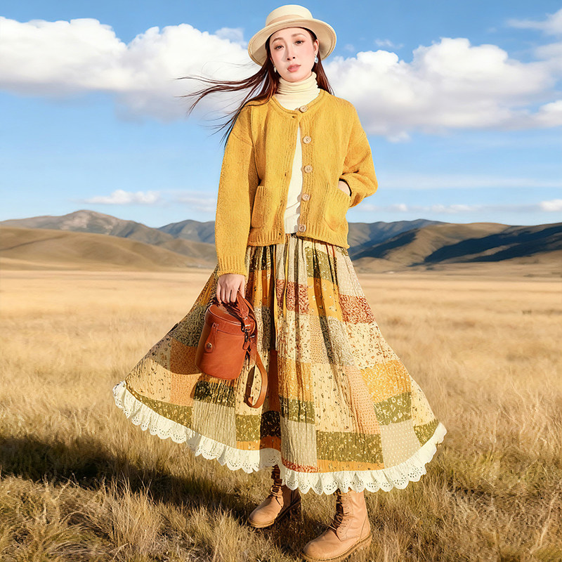 【田园拾梦】忆旧原创田园风加厚印花半身裙女冬镂空刺绣花边裙摆,女装/女士精品,半身裙,淘宝优惠券,粉丝福利购,淘宝优惠卷