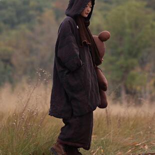 小红分享-衣路走来-冬季盘扣连帽条纹中长款棉服38315