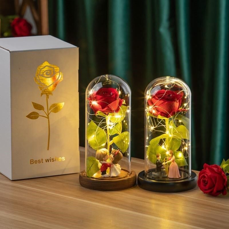 永生花绒布玫瑰花玻璃罩教师节情人节送女朋友小夜灯摆件生日礼物