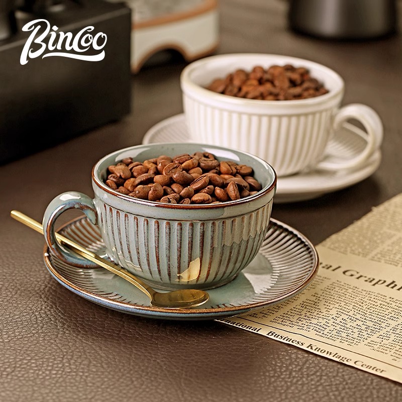Bincoo陶瓷咖啡杯碟古典竖纹咖啡拉花杯碟杯套装欧式高档精致拿铁