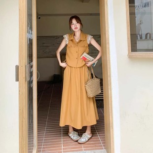 甜美俏皮两件套 两件套 小香风花边橘色衬衫 半身裙夏爆款