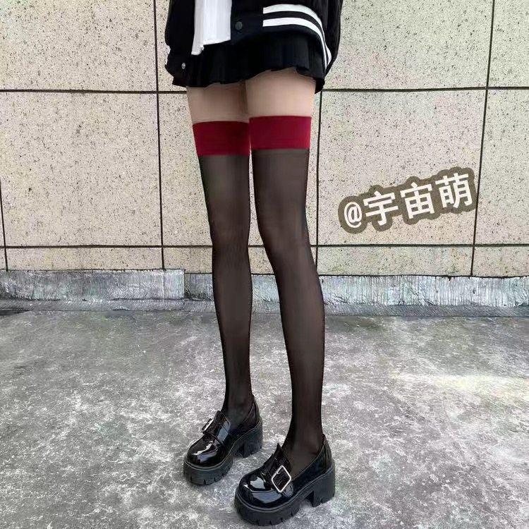 网红油光红边长筒丝袜性感撞色黑红拼接黑丝过膝袜高筒显瘦大腿袜