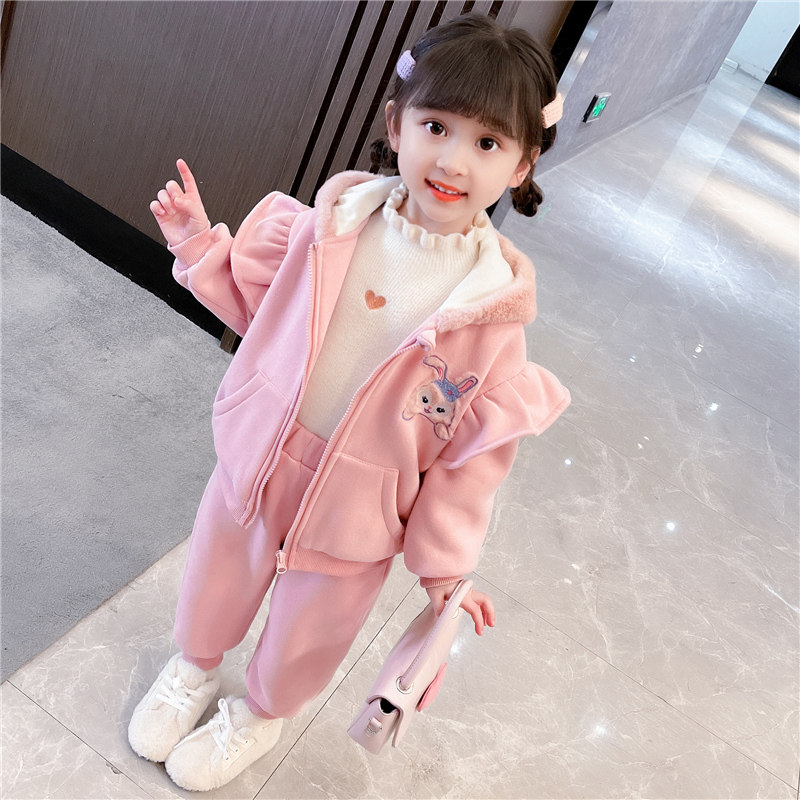어린 소녀의 패셔너블한 인터넷 연예인 플러스 벨벳 가을 겨울 정장 3세 여자  캐주얼 두꺼워진 투피스 패션 겨울 정장 5