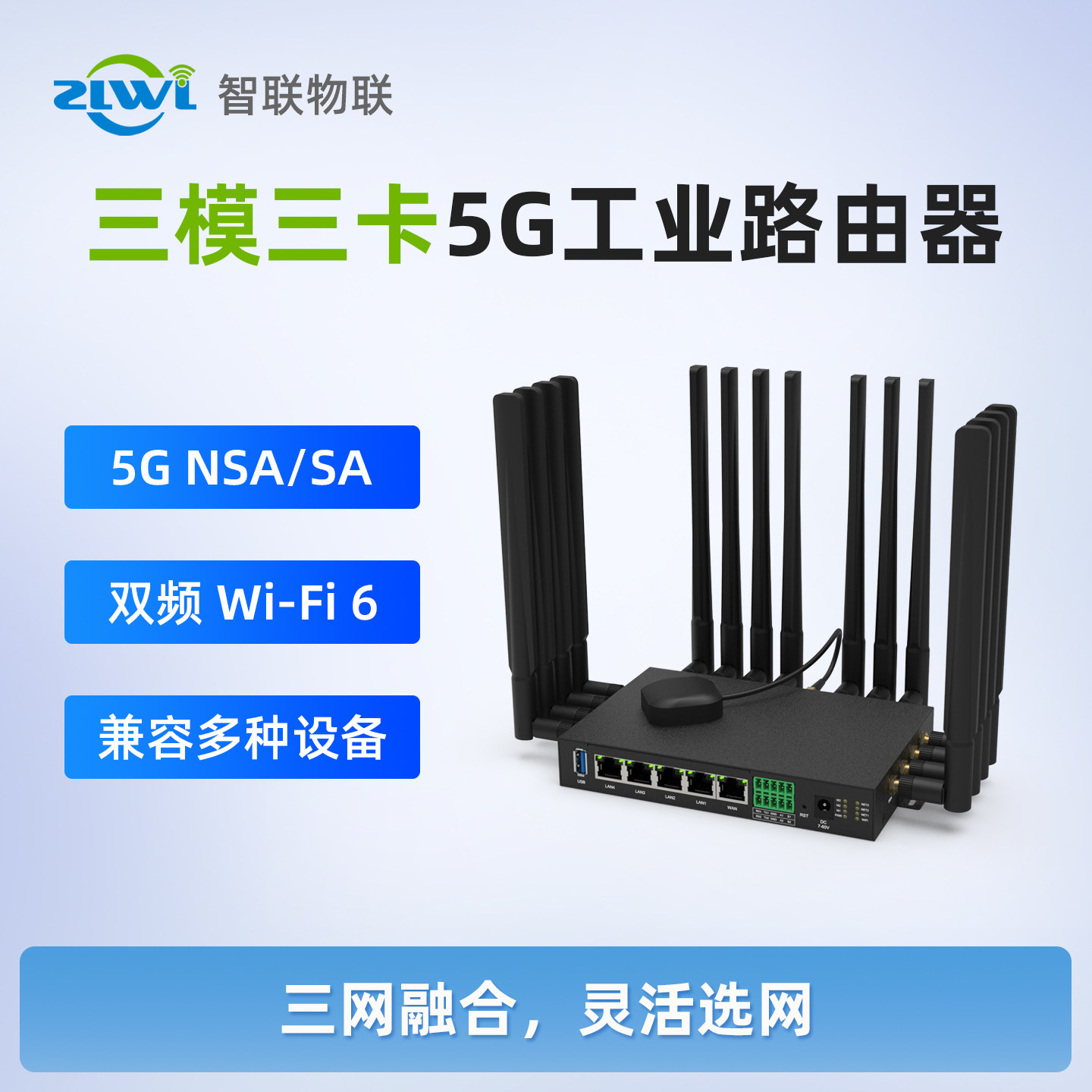 三模三卡4G/5G插卡无线工业路由器支持北斗WiFi6多千兆网口支持RS232/RS485串口DTU透传