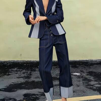 Long Sleeves Loose Contrast Color Split-Joint Deep V-Neck