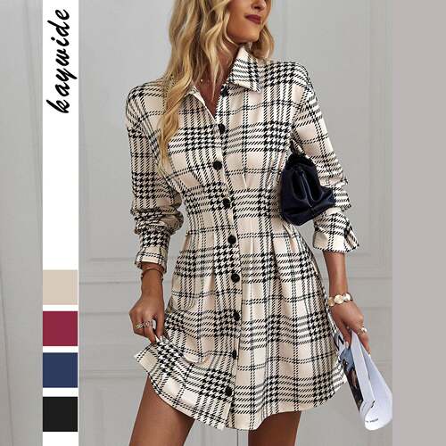 Women's Plaid Stand Collar Slim-Fitting A-Line Dress  Fall