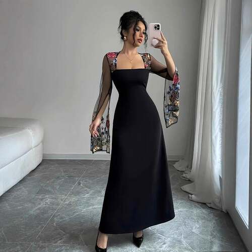 A black lace off-shoulder elegant Formal floral dress with