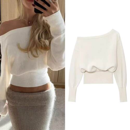 Women's Plain Asymmetrical Neck Long Sleeve Pullover