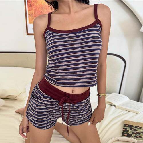 Women's Striped Crop Top & Shorts Set Y2K Korean Style