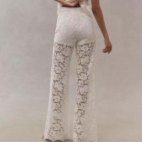 Womens Floral Lace Sheer Mesh Flare Pants Elastic High