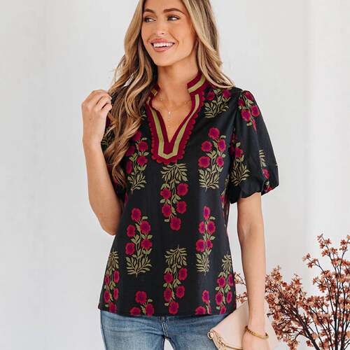 Floral Short Bubble Sleeve Contrast Slit Neckline Blouse