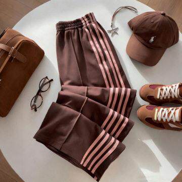Women's wine red high-waist  elastic  loose straight-leg