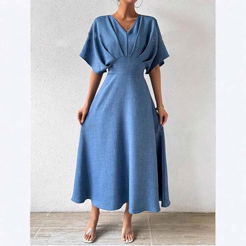 Women's V Neck Batwing Sleeve Woven Fabric Dress with Waist