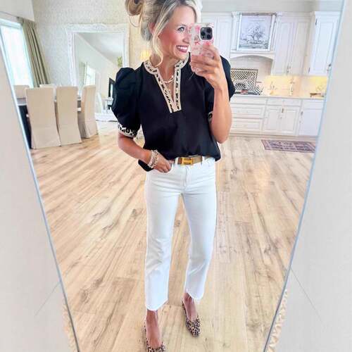 Women's Ricrac Trim Color Block Patchwork Shirt Collar Short
