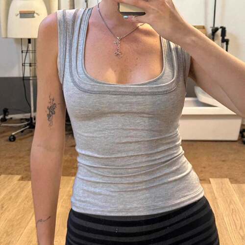Womens Sleeveless Mock TwoPiece Design Slim Fit Vest Y2K