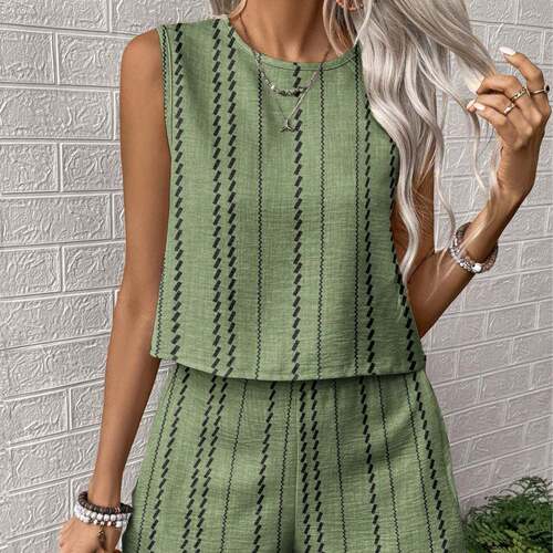 Twopiece Set Womens Striped Print Crop Tank Top Shorts