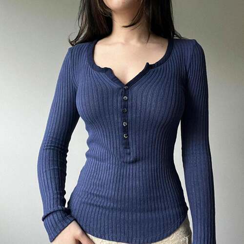 Women's V Neck Long Sleeve Knit Top Y2k Retro Button