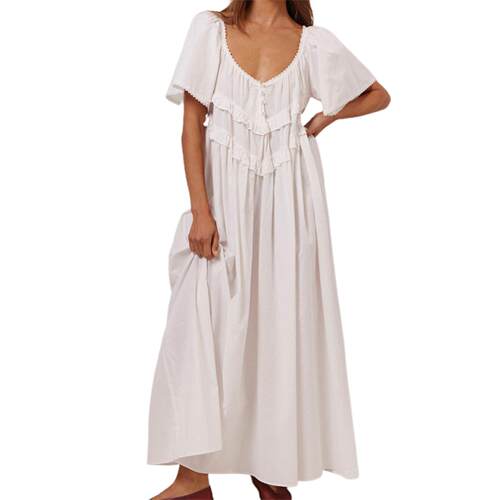 Women Long Dress Elegant Short Sleeve Low-cut Backless