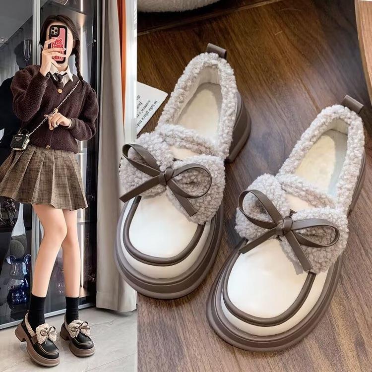 日系增高小皮鞋女2025冬季新款加绒蝴蝶结松糕厚底法式玛丽珍棉鞋