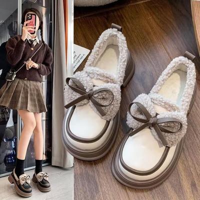 日系增高小皮鞋女2025冬季新款加绒蝴蝶结松糕厚底法式玛丽珍棉鞋