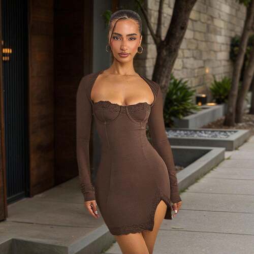 Elegant Lace Square Neck Long Sleeve Bodycon Dress Sexy