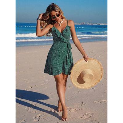 Floral Halter Short Dress  Ruffle V Neck Design  Thin