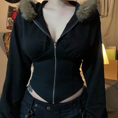 Womens Casual Hoodie Jacket Faux Fur Collar Zipper Long
