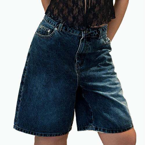 Womens Knee Length Denim Shorts Solid Color High Waist Loose