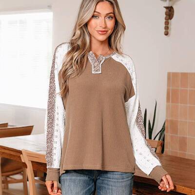 Women's Twisted Ribbed Leopard Contrast Lace Patchwork