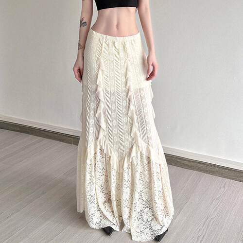 Lace Ruffle Transparent Sexy Vacation Long Maxi Lady Skirt