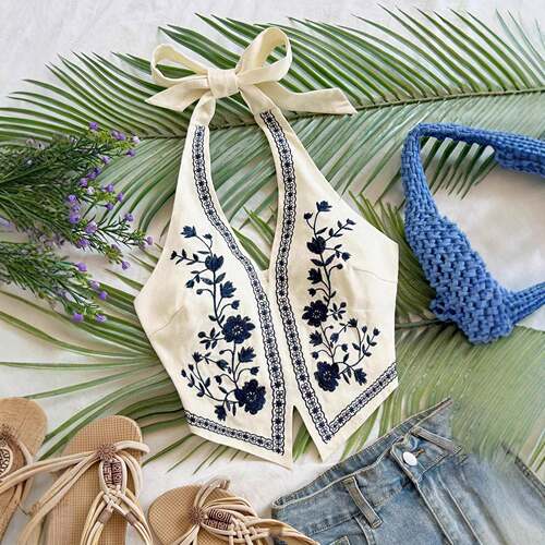 Vacation Style Embroidered Halter Neck Sleeveless Tank Top