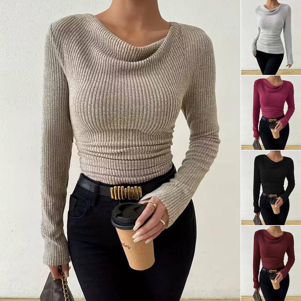 Women's Plain Draped Cowl Neck Ribbed Tee Elegant Long Sve - 实物图