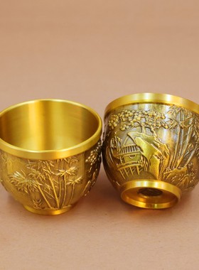 2026黄铜浮雕山水杯复古千里江山杯摆件供奉财神爷杯子供佛水杯摆