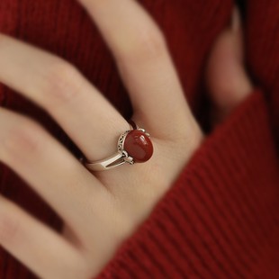 2026千叶泰银南红蛋面戒指女年可调节指环个性国风新中式生日礼物