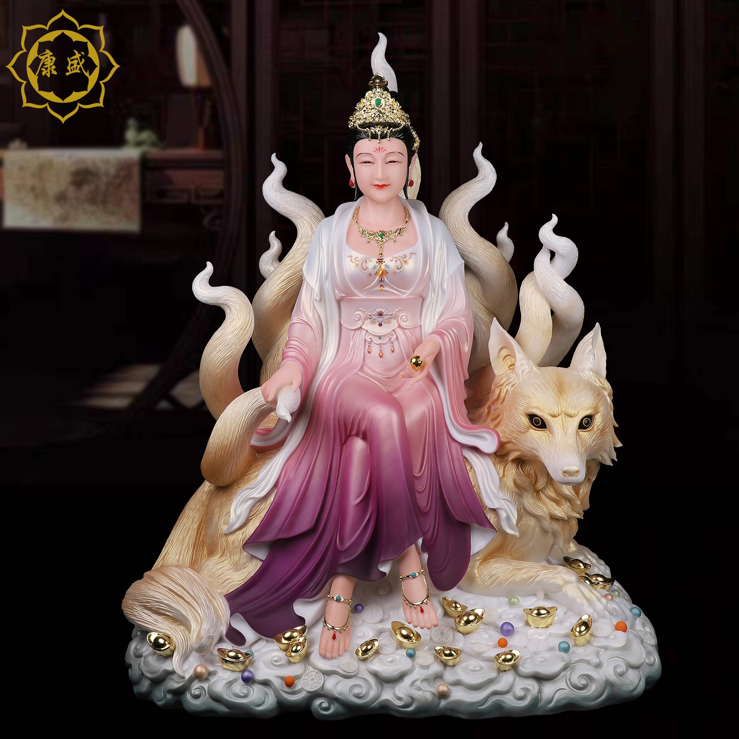 2025九姑娘神像九尾娘娘青丘白狐女神汉白玉白衣红衣九公子像家用