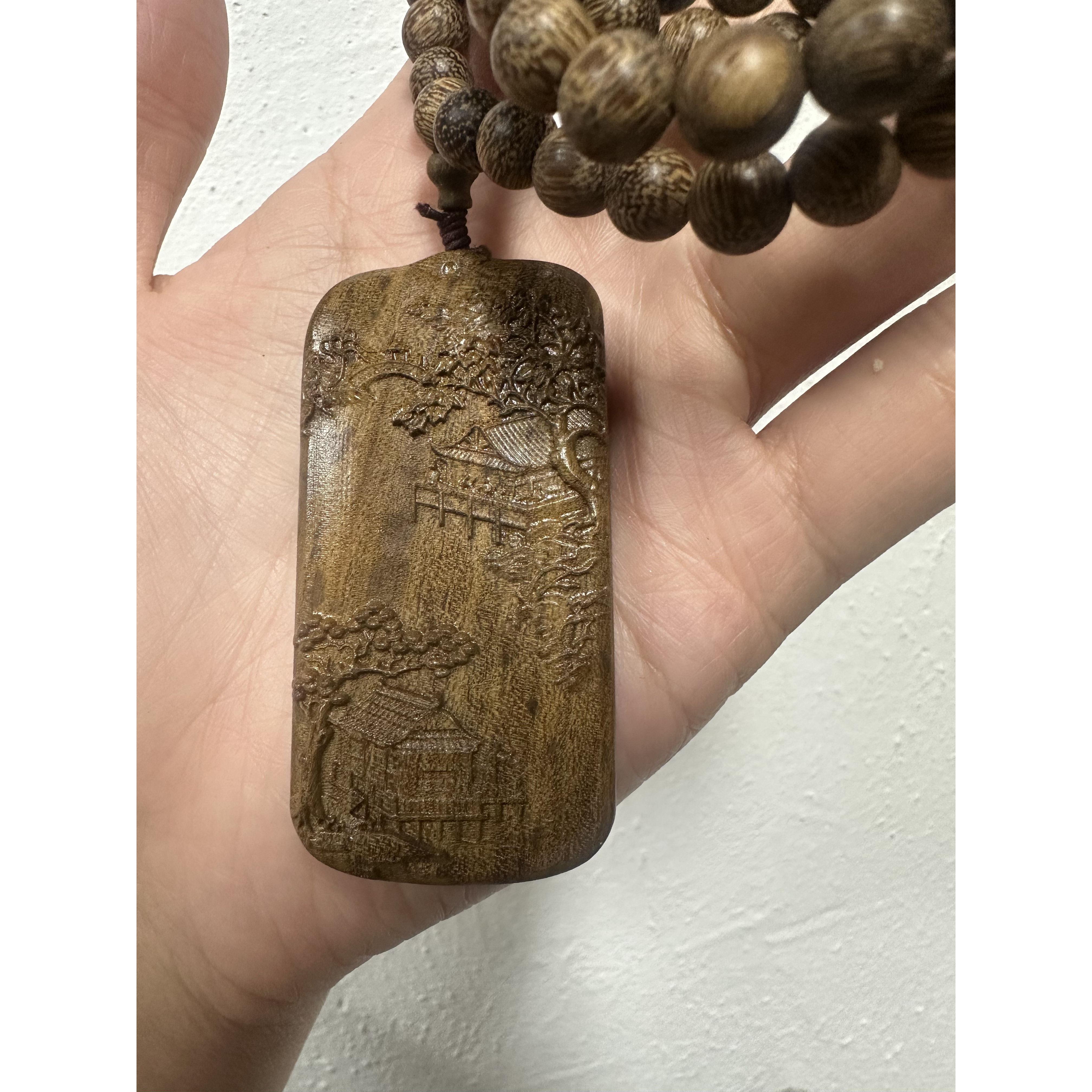 2025越南芽庄白奇楠沉香山水牌吊坠项链8mm108颗珠子挂件手串沉水