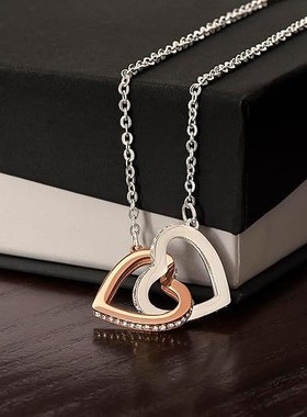 2026心心相连项链不锈钢心形镶钻吊坠节日礼物项链女士双爱心镶钻