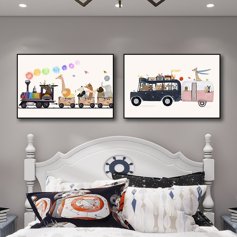 美式复古装饰画儿童房卧室床头壁画男孩书房书桌小动物小汽车挂画