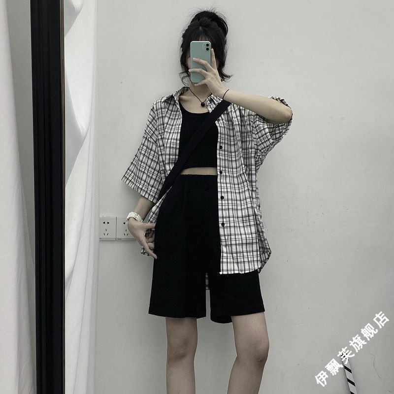 2021 三件套 夏季韩版套装女学生宽松短袖防晒衬衫吊带背心运动