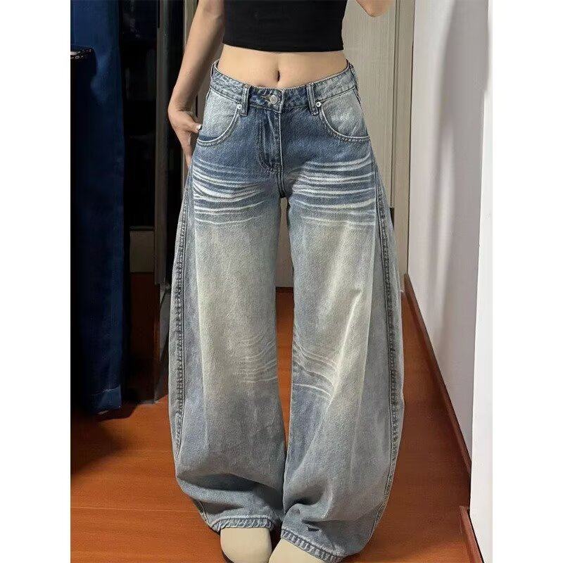 美式高街弯刀牛仔裤女春新款设计感水洗宽松阔腿显瘦直筒拖地裤子