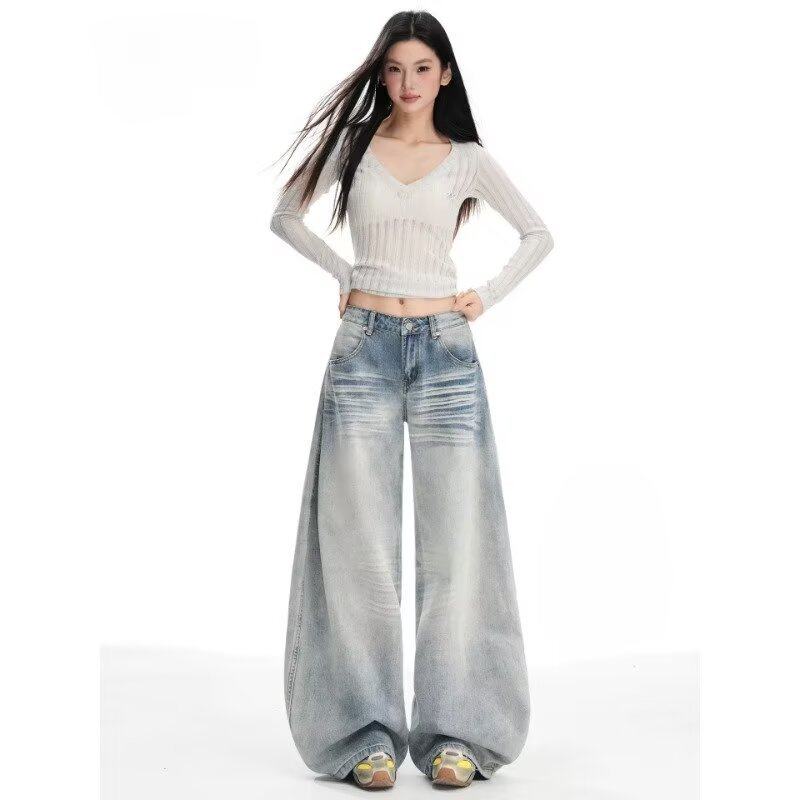 美式低腰阔腿牛仔裤女秋冬新款梨形宽松显瘦设计感百搭弯刀拖地裤
