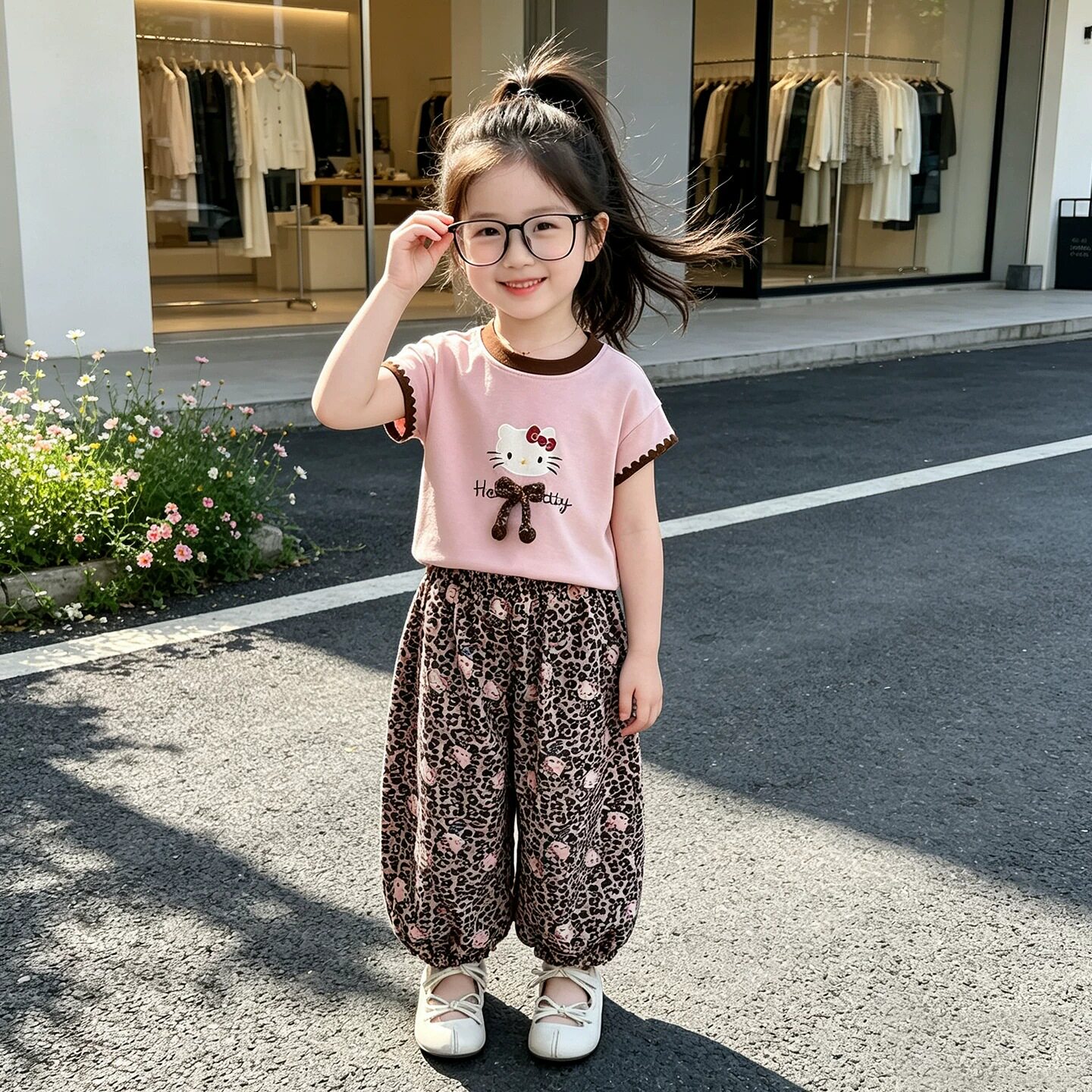 女童夏装卡通短袖套装儿童洋气女宝宝豹纹裤子夏季儿童休闲两件套